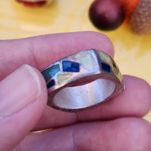 Vintage 1970's Artisan Made Sterling Silver Geometric Square Ring with Enamel - Picture 8 of 11